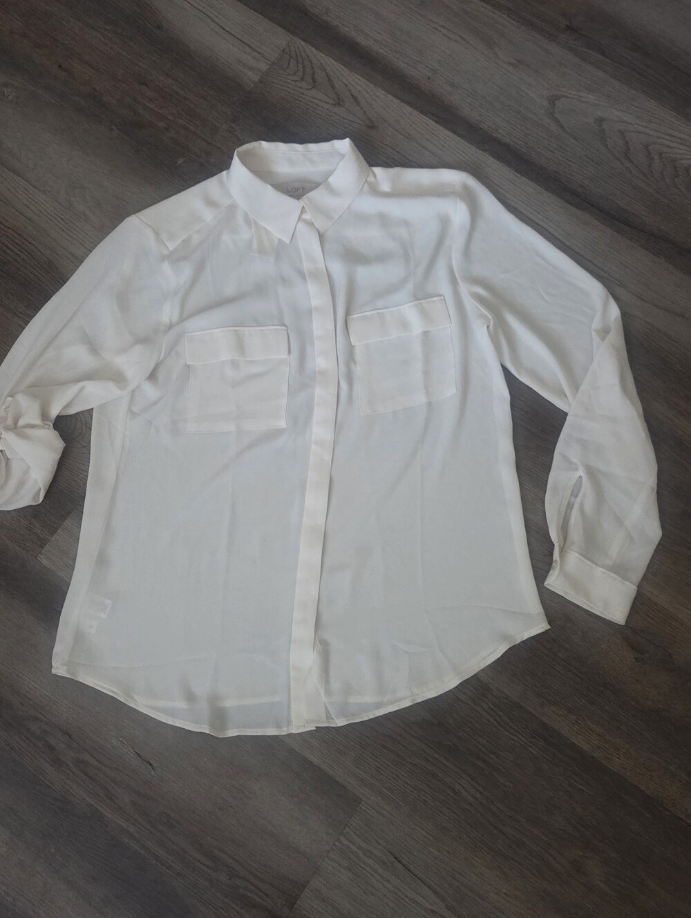 New Classic LOFT White Cream Roll Sleeve Sheer Utility Blouse Office Workwear M